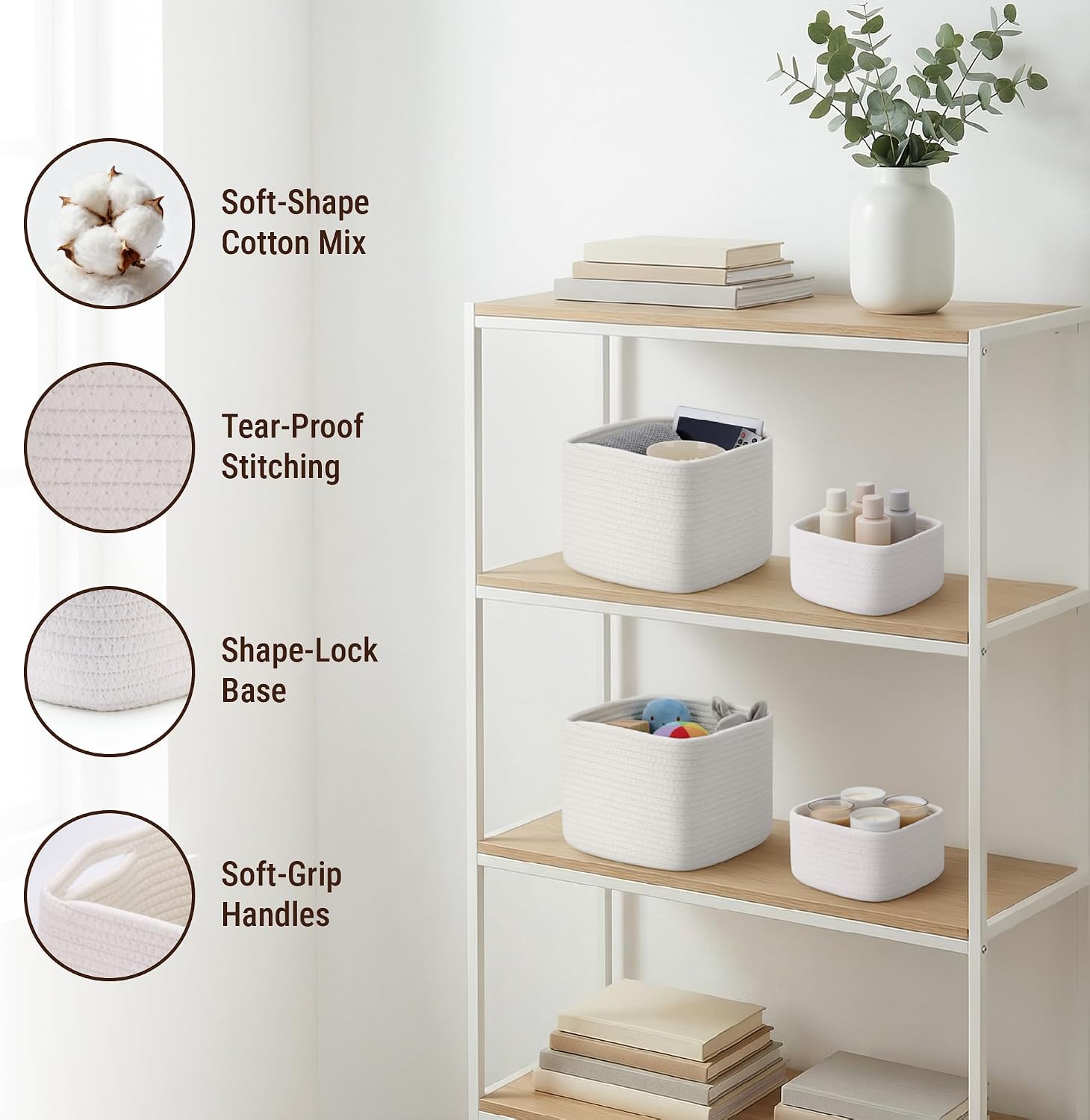 5-Pack Storage Cubes Woven Rope Baskets - 2 Sizes Organizer Bins for Closet, Shelf, Bookshelf, Nursery, Changing Table, Cube Storage Bins, Storage Baskets for Bathroom Toy & Home