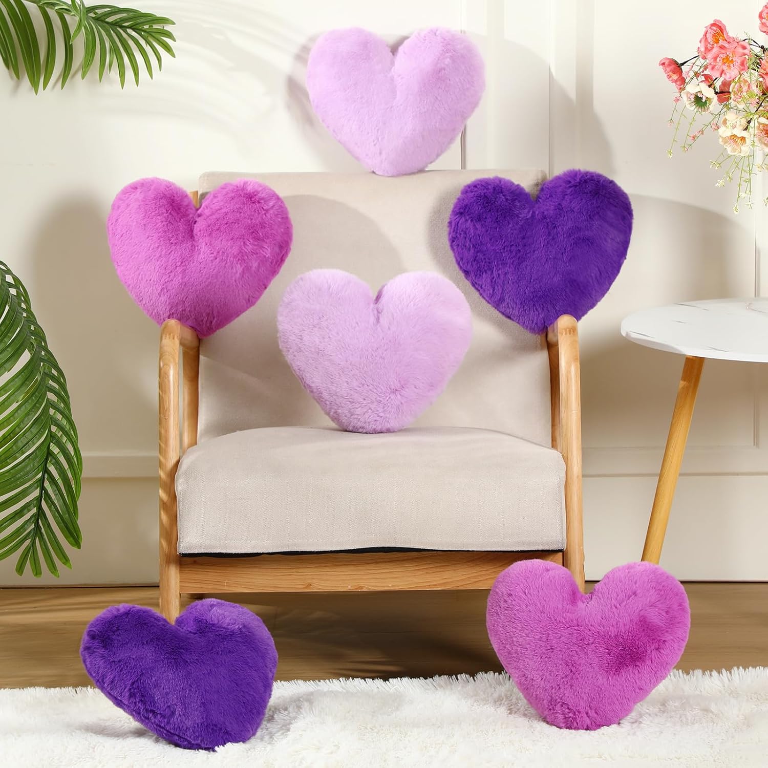 Liliful 6 Pcs Faux Rabbit Fur Heart Pillows Fluffy Heart Throw Pillows Cute Couch Cushion Soft Decorative Throw Cushion for Bed Sofa Girls Women(12 x 11 Inch,Purple Color) - Image 5