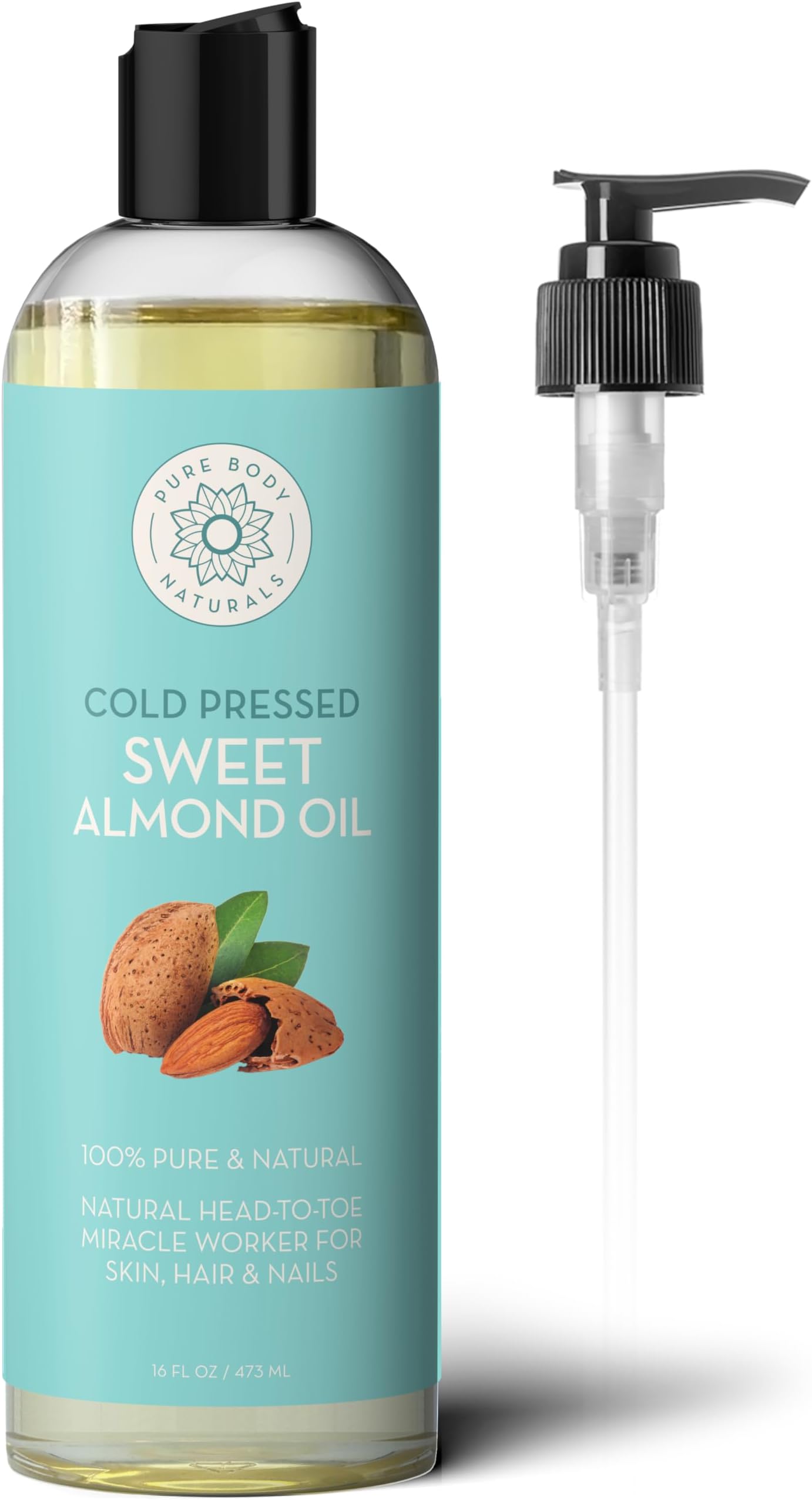 Pure Body Naturals Sweet Almond Oil for Skin and Hair, Cold Pressed Almond Oil, Almond Body Oil, Sweet Almond Carrier Oil, Fast Absorbing Moisturizer, 16 fl oz