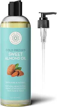 Cold Pressed Sweet Almond Oil, 16 fl oz, Pure Oil for Skin & Hair | Nourishing carrier for massage, nails, cuticles and scalp, absorbs fast, blend with essential oils