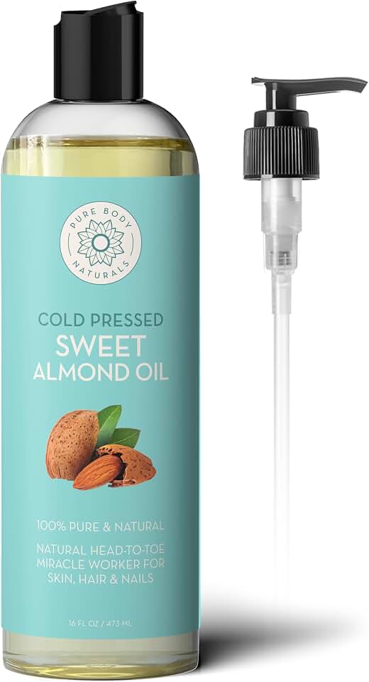 Pure Body Naturals Sweet Almond Oil for Skin and Hair, Cold Pressed Almond Oil, Almond Body Oil, Sweet Almond Carrier Oil, Fast Absorbing Moisturizer, 16 fl oz
