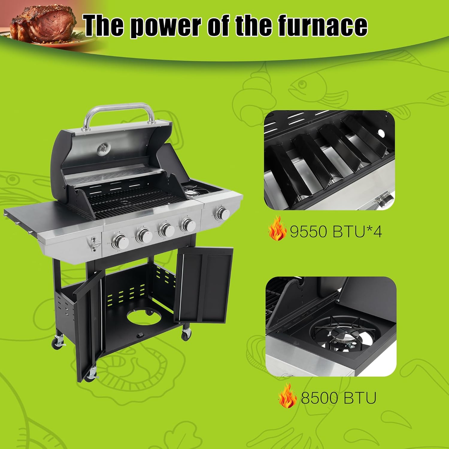 46,500 BTU 4-Burner Propane Gas Grill with Side Burner | Stainless Steel Outdoor BBQ Grill | Porcelain-Coated Grates, Lid Thermometer & Foldable Shelves | Black & Silver Patio Grill (Black and Silver)