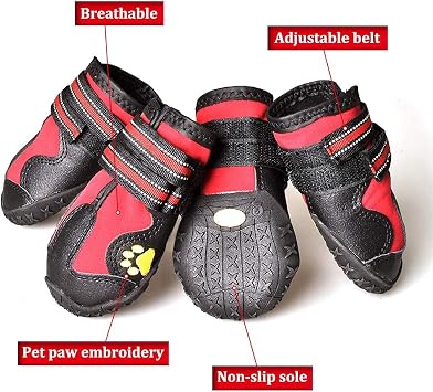 CovertSafe& Köpekler için Kaymaz Köpek Botları, Dış Mekan için Su Geçirmez Köpek Patikleri, Orta ila Büyük Köpekler için Köpek Ayakkabıları Sağlam Tabanlı 4 Adet Siyah-Kırmızı, Boyut 5: (2,7 inç x 2,3 inç) (U*G) 18,6 - 27,2 kg için