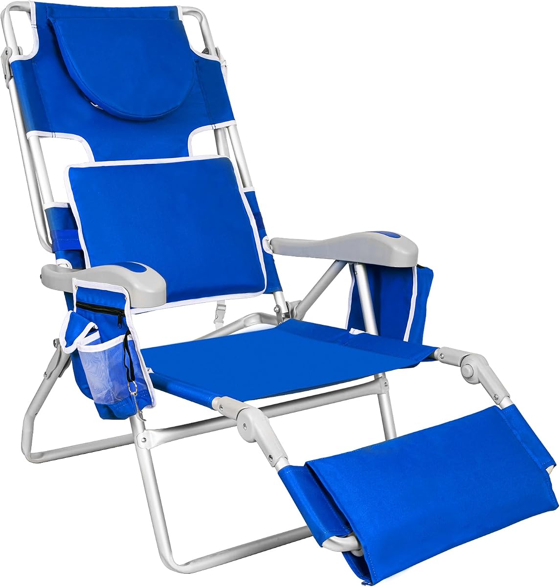 Silla de playa 3 en 1 con orificio para la cara, sillón reclinable para tomar el sol con reposapiés, bolsa térmica y portavasos para exteriores, azul real