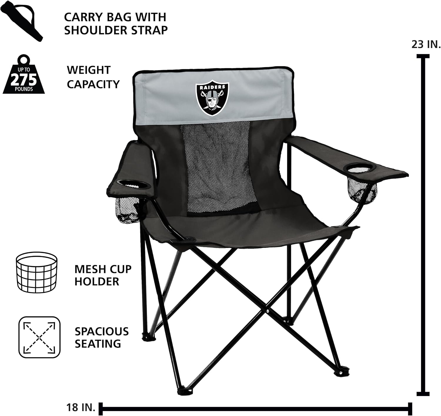 logobrands Officially Licensed NFL Las Vegas Raiders Unisex Elite Chair, One Size, Team Color | Powder-Coated Steel, Team Color, Officially Licensed, Portable, Mesh Cup Holders, Great for Sporting Events & Tailgates