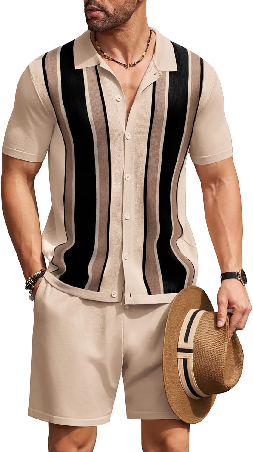 COOFANDY Men's 2 Piece Outfit Vintage Short Sleeve Button Down Knit Polo Shirts Casual Beach Shorts Sets