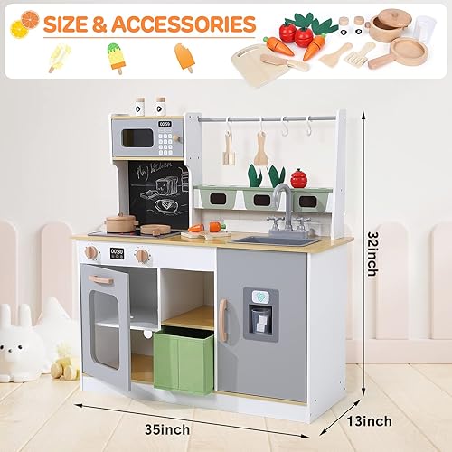 Miniatura 7 de Garveelife Juego de cocina de madera para niños, perfecto para jugar con luces y sonidos reales y accesorios de utensilios de cocina y cortar