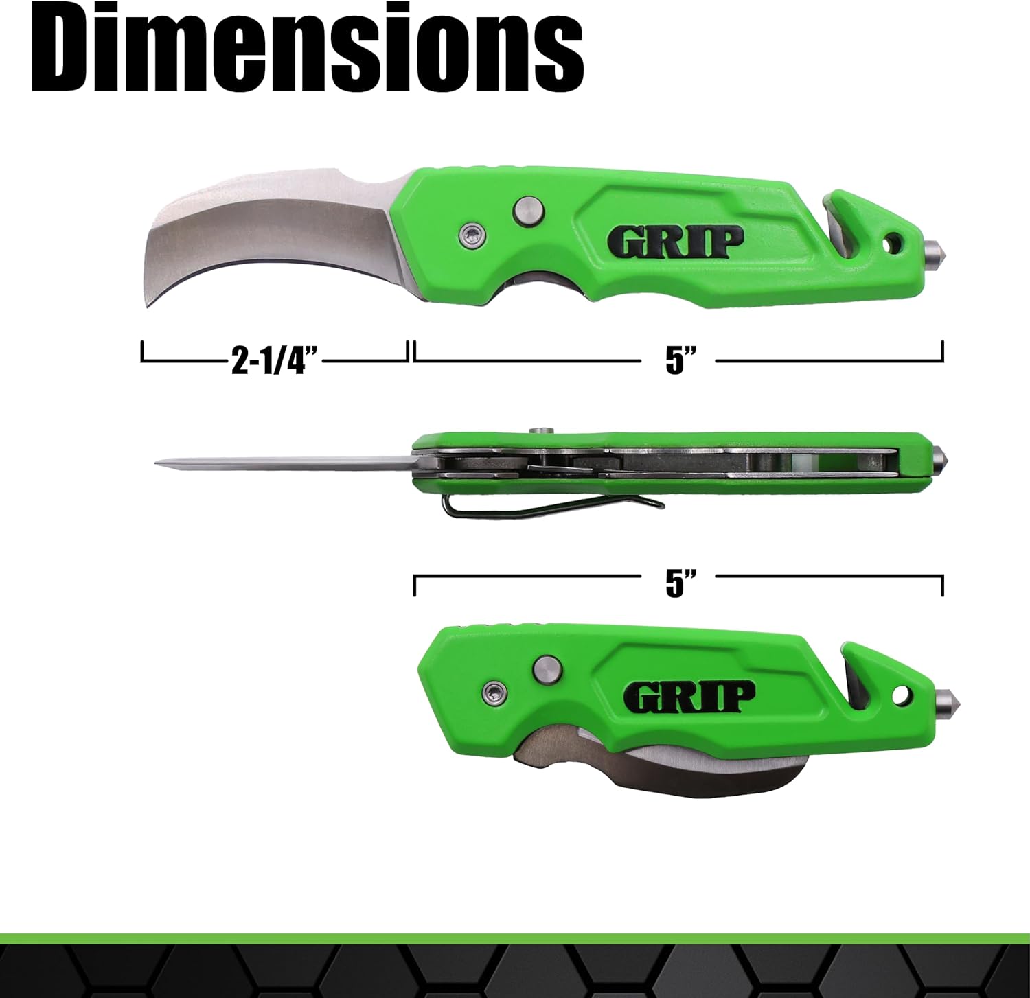 GRIP Hawk Bill Folding Utility Knife - Stainless Steel - Glass Breaker - Cut Carpet, Linoleum, Cardboard, Rope, Wire