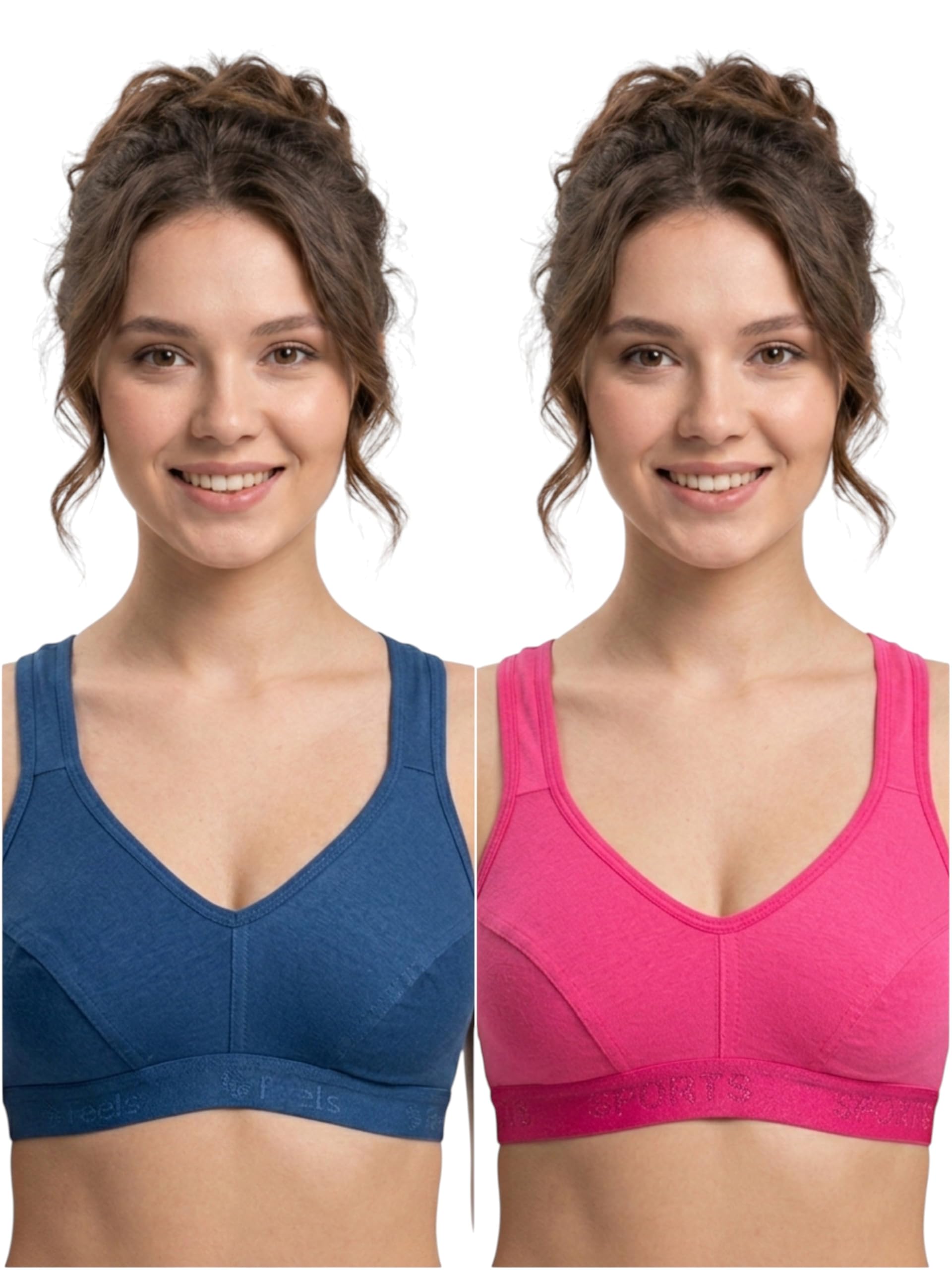 Women’s Cotton Seamed Sports Bra | Pack of 2 | High Support Wirefree Activewear | Tight Fit for Better Bounce Control (in, Alpha, S, Blue/Pink)-image-29