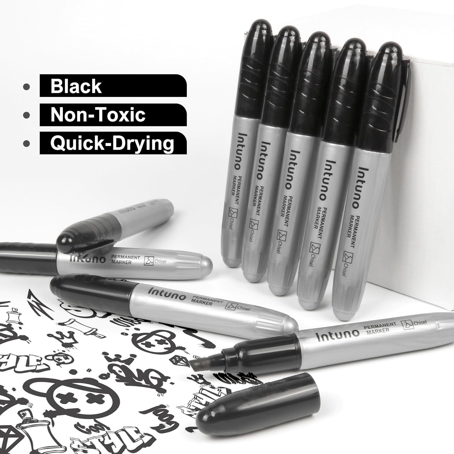 Jumo Permanent Markers, 60 Count Black, Chisel tip, Oil-Based Permanent Markers, Waterproof and Fade-Resistant, for Paper, Wood, Metal, Glass and More