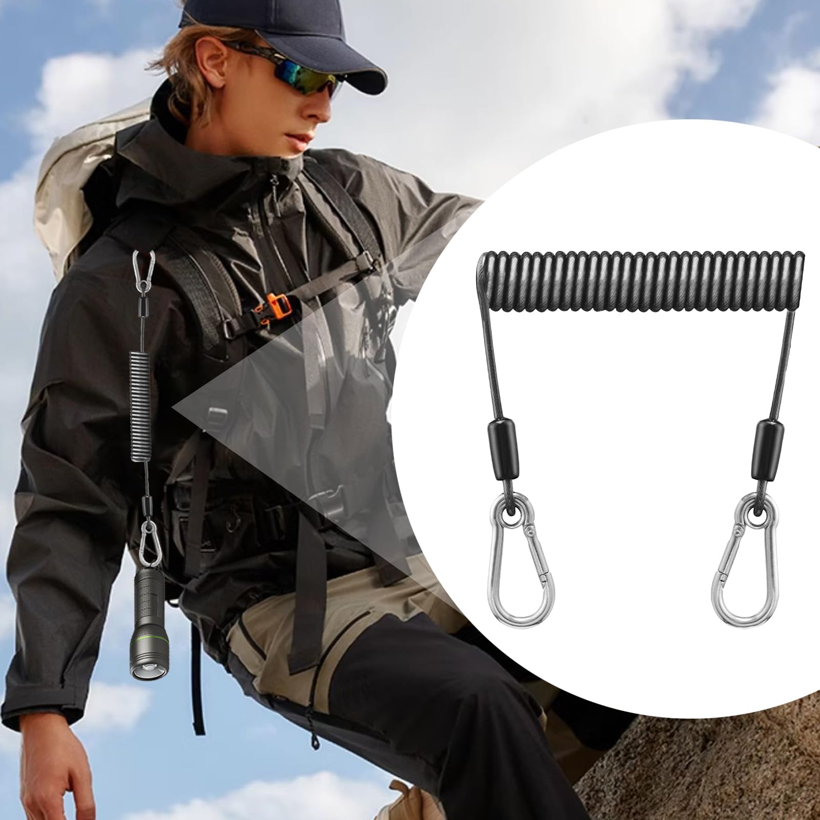 Retractable Safety Coiled Lanyard – Steel Cord Tether, Heavy Duty Cable | Durable Extension Rope Used In Deep Sea Fishing, Kayak Paddling, Or Boat Tool Protection Against Loss In Harsh Waters