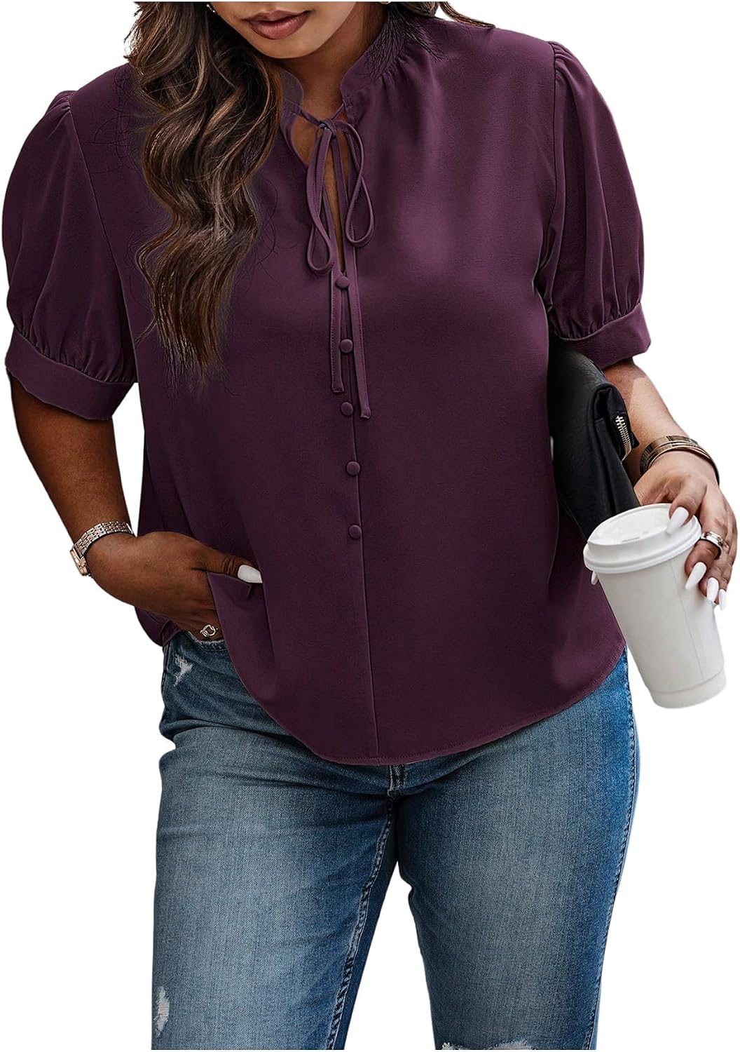 SOLY HUX Women's Plus Size Button Up Blouse Dressy Short Sleeve Tie Neck Shirts Work Office Tops