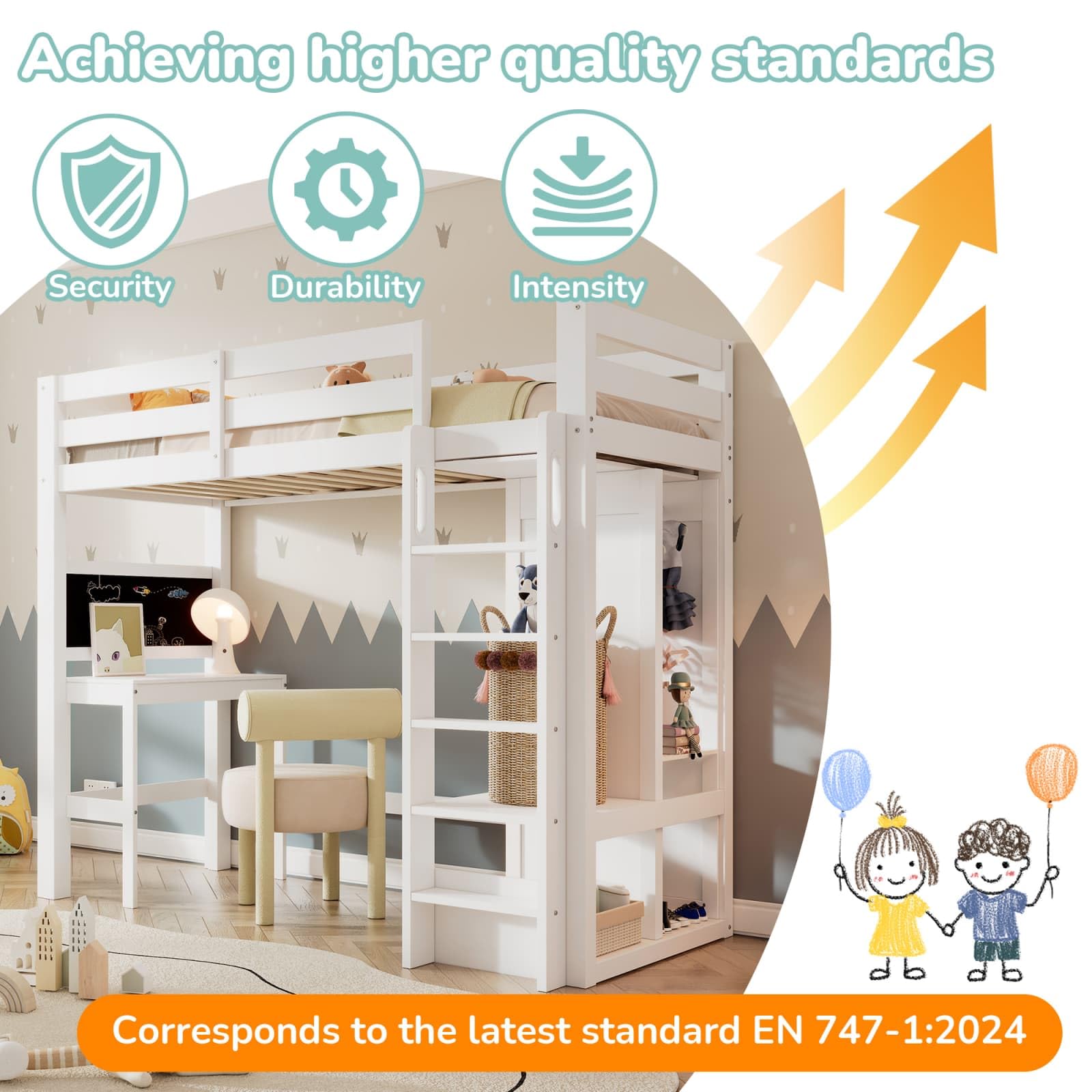Sweiko Lit Mezzanine Enfant 90×200cm avec Bureau intégré et Armoire Ouverte, Cadre de lit avec étagères et barrière de sécurité, lit superposé avec Tableau Noir et sommier à Lattes
