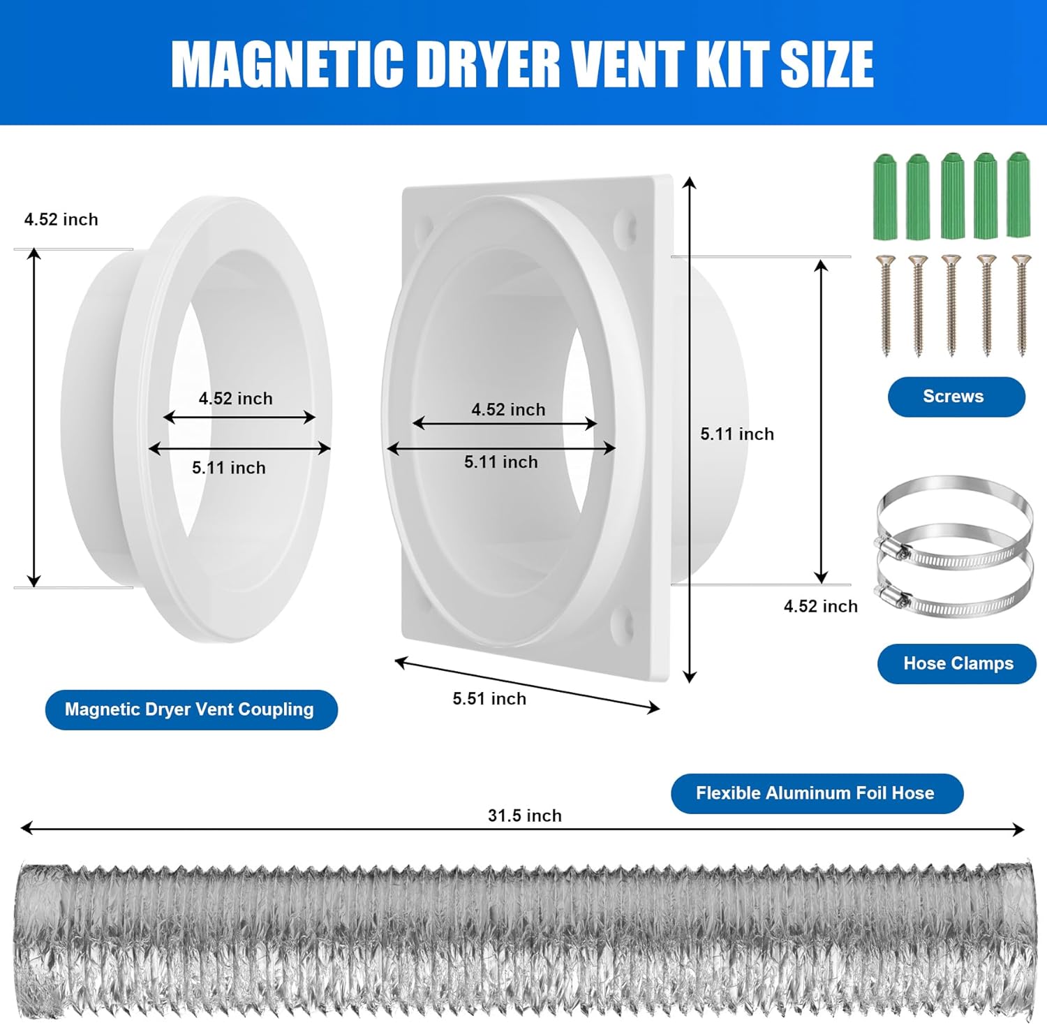 Magnetic Dryer Vent Coupling, Airtight Seal Strong Magnet Dryer Vent Connector Kit Quick Connect Disconnect Easy to Clean Flexible Hose Exhaust Duct Adapter Attachment with Clamps Screws