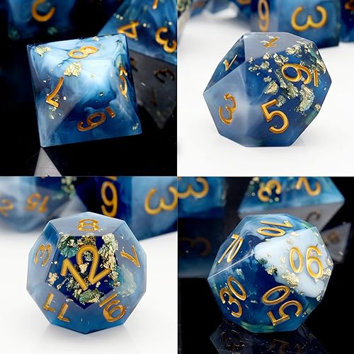 Miniatura 9 de PJOY DND Juego de dados de borde afilado, 7 piezas de dados DND de resina negra y amarilla, dados poliédricos D&D de resina con estuche de dados