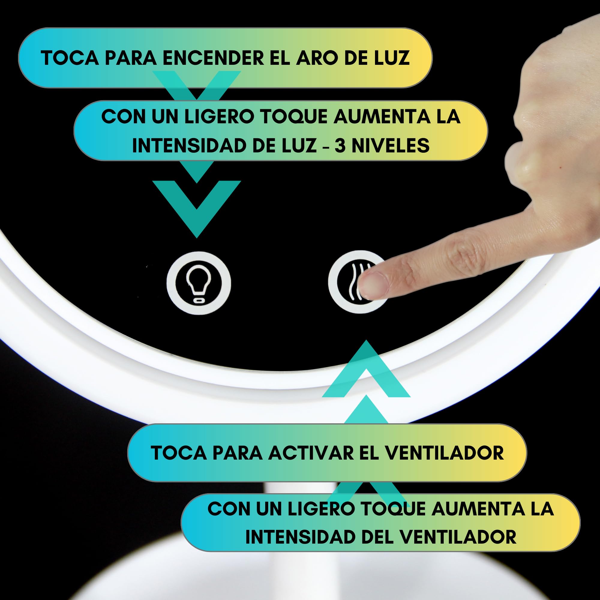 Espejo Maquillaje Aumento con Luz Led y Ventilador Integrado Regulables - Espejo Tocador Organizador Maquillaje 3 Tonos de Luz - Espejo Tocador Touch - Espejo Led Aumento Inclinable