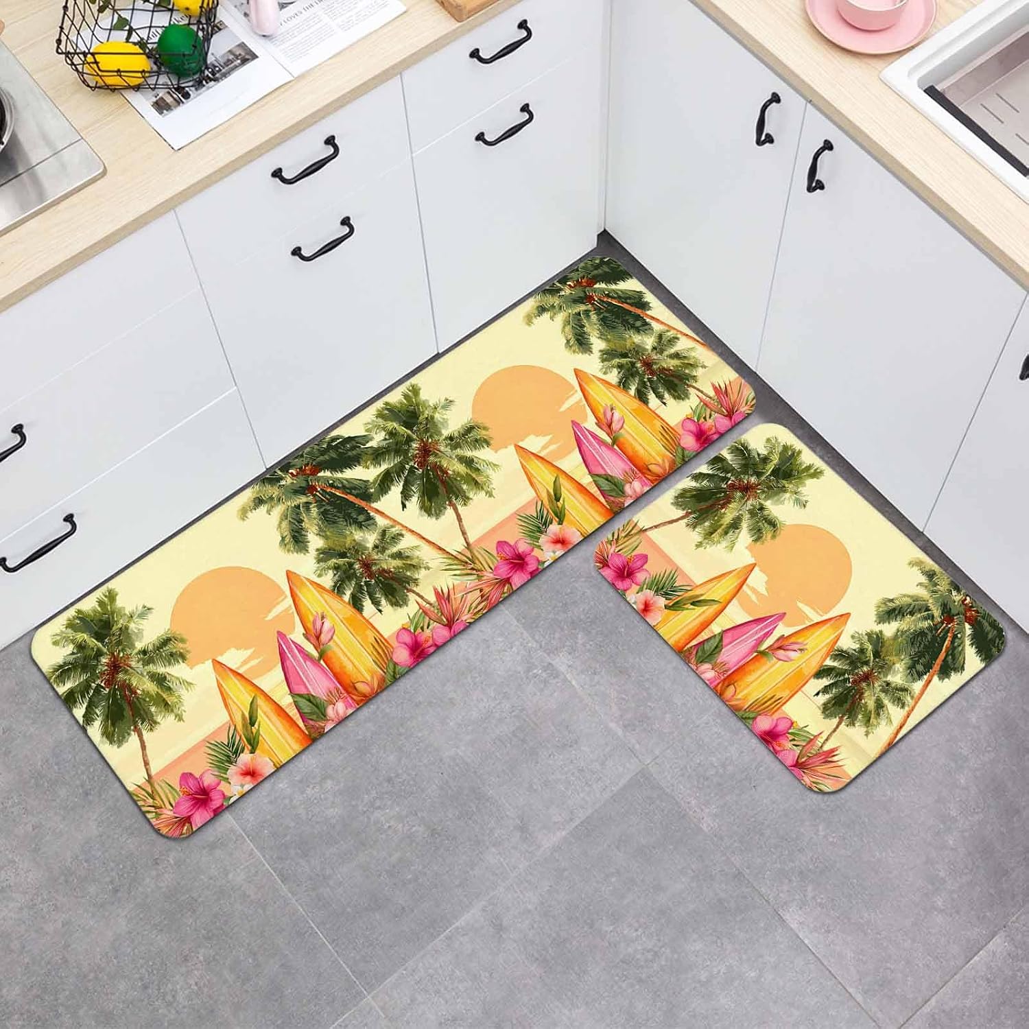 Summer Sunset Kitchen Mat Set 2 Pieces Coconut Trees Pink Flower Surfboard Tropical Plant Yellow Non Slip Kitchen Rugs Washable Runner Rug Mats for Sink Laundry (15.7" x 23.6"+15.7" x 47.2")