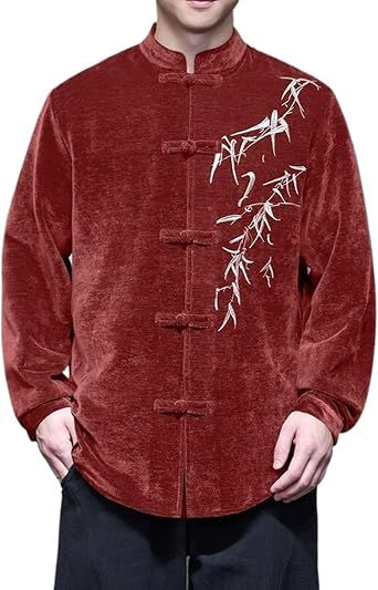 Mens Chinese Style Embroidered Jacket,Long Sleeve Stand Collar Retro Shirt Coat,Fall Winter Warm Tops