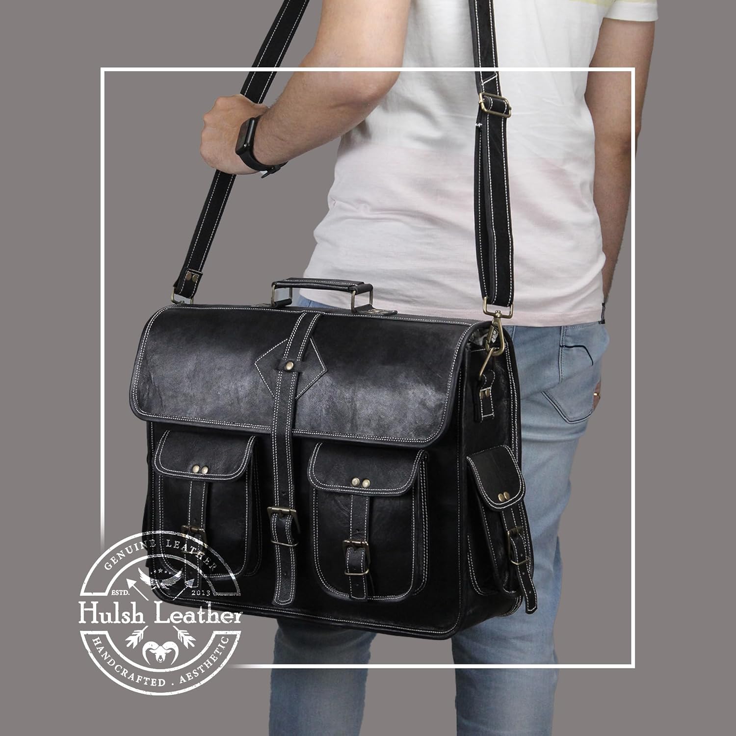 Vintage Leather Laptop Bag for Men Full Grain Large Leather Messenger bag for men 18 inches with rustic look Brown briefcase (Black) - Image 2