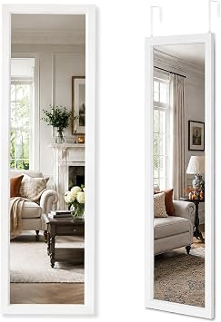 CROWNSHOP Full Length Mirror 110x33cm - Wall Mounted Over The Door Mirror | Mirror with Adjustable Hooks | Large HD Tempered Glass Full Body Mirrors for Bedroom, Wardrobe | Space-Saving White