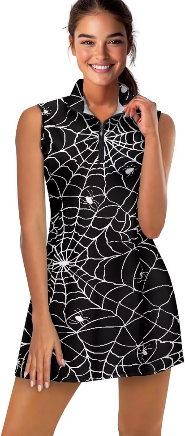 Collared Tennis Dress with Shorts and Pockets Sleeveless Half Zip Athletic Workout Dress for Women Plus Size XS-2XL