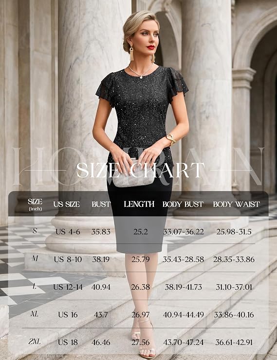 Homain Womens Summer Sequin Tops Sparkly Cocktail Wedding Guest Party Shirt Pull On Crew Neck Ruffle Sleeve Blouses