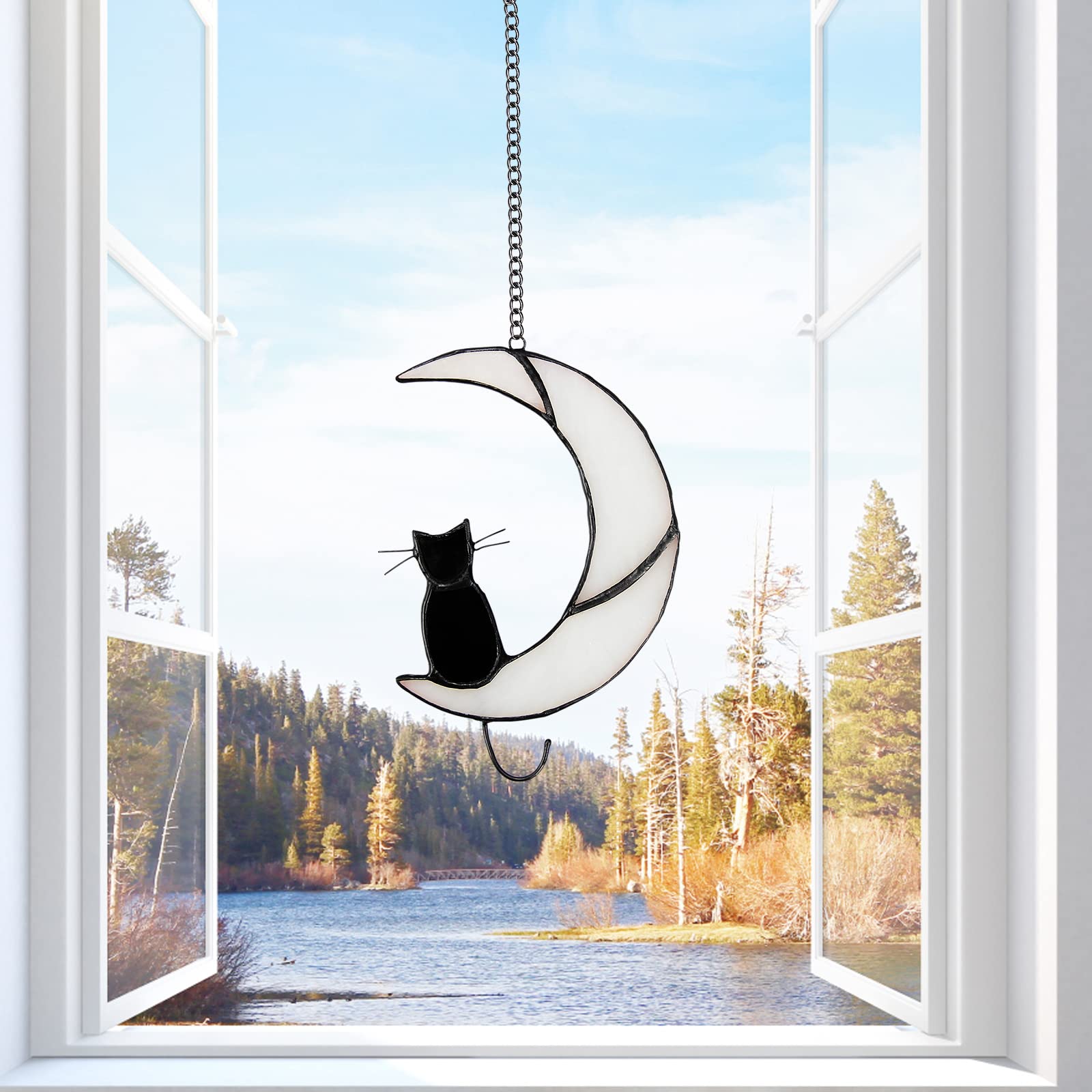 Snapklik.com : Moon Black Cat Stained Glass Window Hanging Cat Suncatcher