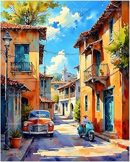 Vintage Townscape Paint by Numbers Kit for Adults - DIY Classic Car and Scooter Painting on Canvas 16x20 Inches, Acrylic Paint Set, Suitable for Beginners, Art for Home or Office Decoration or Gifts