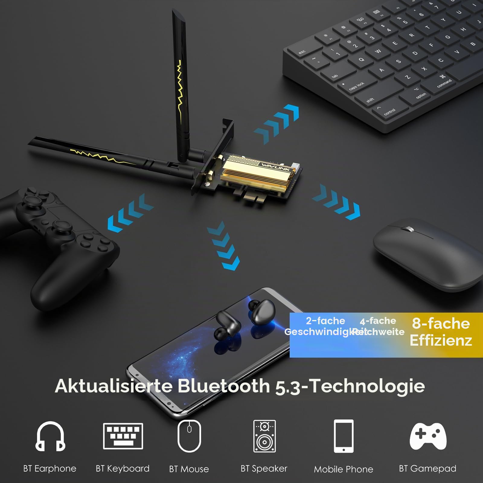 WLAN-Karte 5400 Mbps PCIe WiFi 6E WAVLINK Neue Netzwerkkarte Wireless Tri-Band-Adapter AX210 mit Bluetooth 5.3, MU-MIMO WPA3 OFDMA Halterung mit niedrigem Profil, Kühlkörper für PC Windows