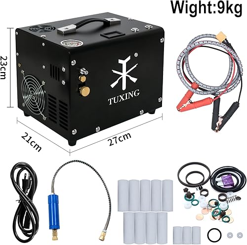 Vista 54 de TUXING Compresor de aire PCP de 4500 PSI, compresor PCP portátil, 12 V CC 110 V/220 V AC PCP Airgun compresor de parada automática, adaptador