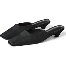Women Black Heeled Sandals Satin Square Closed Toe Mules Low Kitten Heel Slip On Backless Shoes