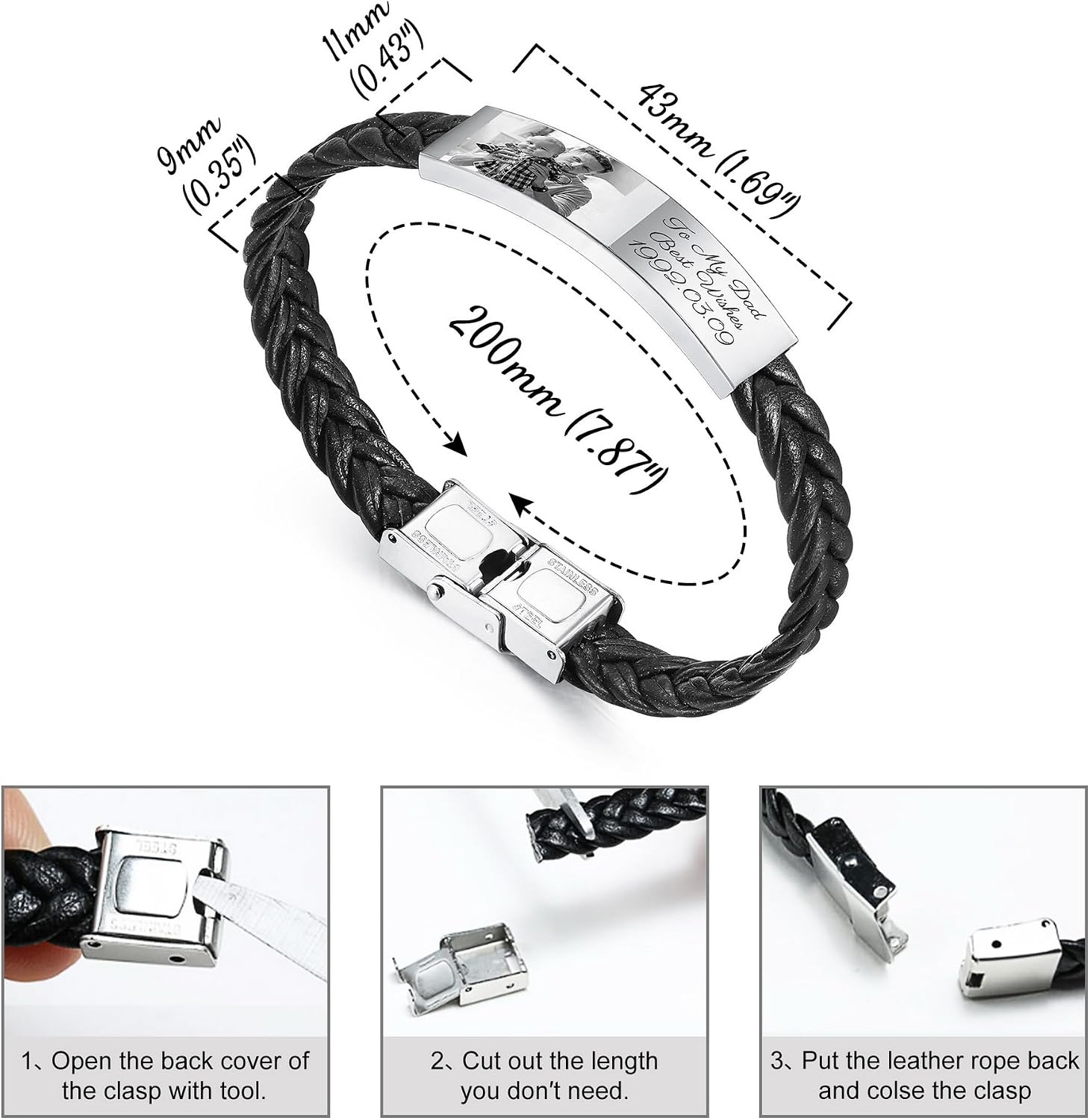 Custom Bracelets for Men Personalized Leather Bracelet Engraved Photo/Name/Date ID Stainless Steel Adjustable Braided Bracelet for Men Boyfriend Father Son Husband