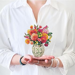Freshcut Paper Mini Dahlia Sunrise Pop Up Cards, 6 Inch Mini Sized Forever Flower Bouquet 3D Popup Greeting Card, Birthday Cards, Valentine's Day Card, Blank Notecard & Envelope