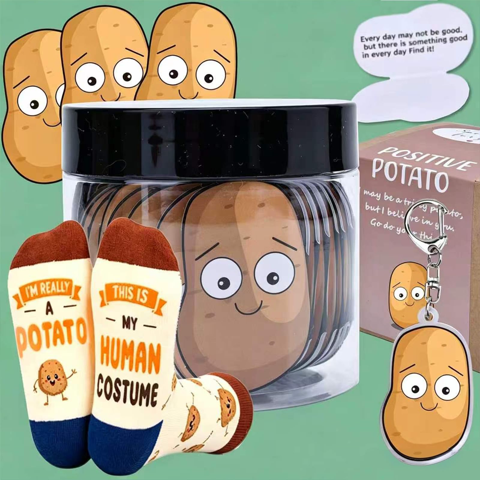 60 Positive Potato Gift Affirmation Jar with Potato Socks &amp; KeyChain Emotional Support Potatoes Cards Gifts for Girls Women Teen Moms Teacher Funny Potato Birthday Gift Emoji Inspirational Xmas Gifts