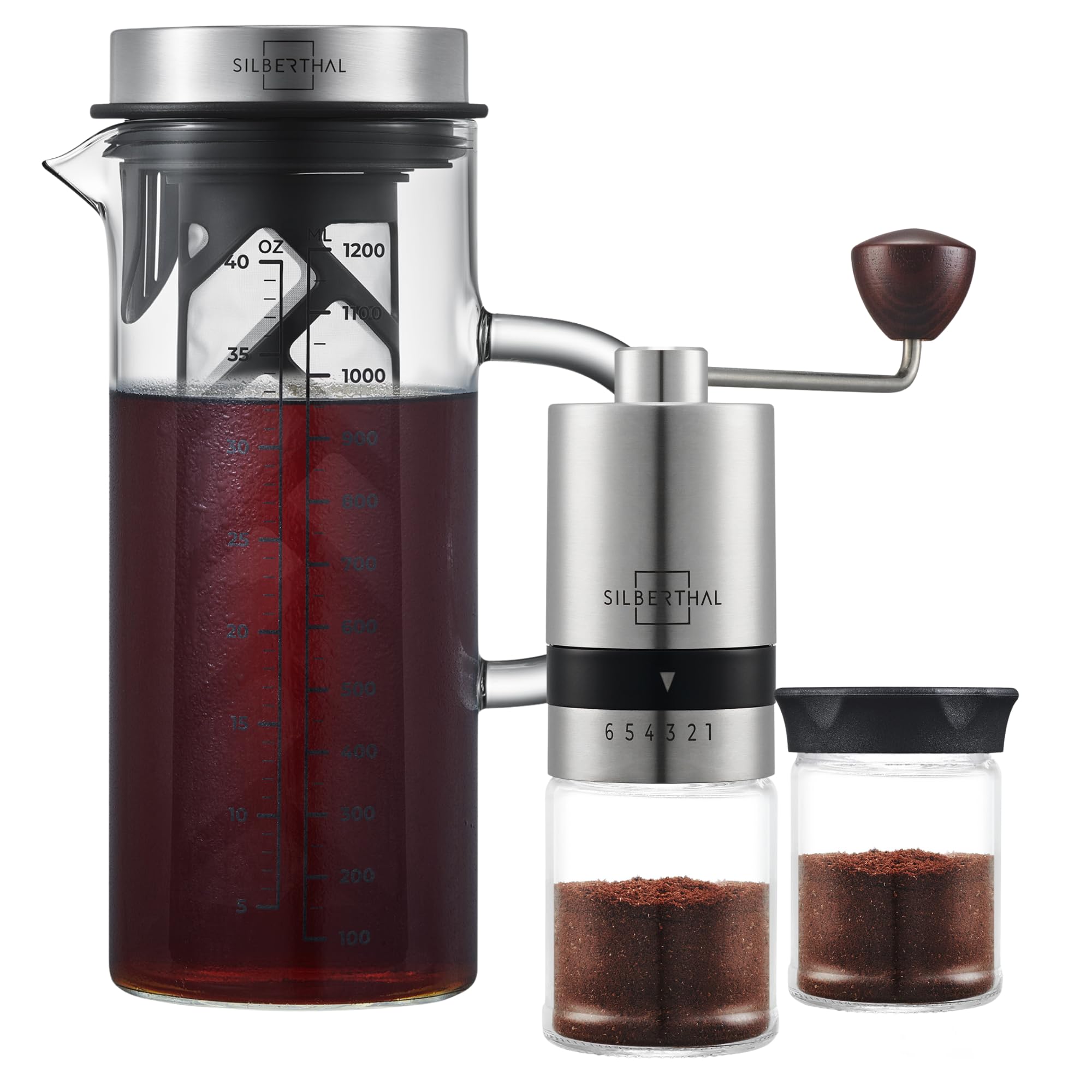 SILBERTHAL Kaffeemühle manuell und Cold Brew Coffee Maker - Genuss Set für Kaffeeliebhaber im Sommer