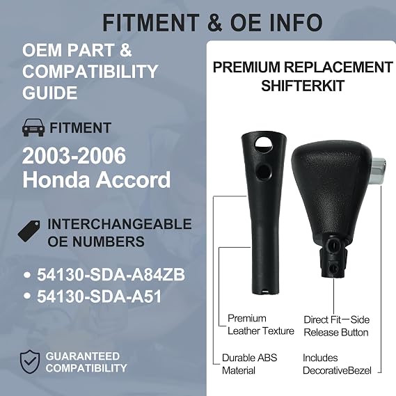 Gear Shifter Knob Compatible with Honda Accord 2003 2004 2005 2006 Automatic Shift Handle Lever Replaces Part Number 54130-SDA-A84ZB, 54130-SDA-A51, 54131-SDA-A81