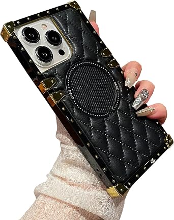 Magnetic Case for iPhone 16 Pro Max [Compatible with MagSafe] Luxury PU Leather Trunk Design Cute Pretty Bling 3D Elegant Premium Soft Phone Cover for Women Girls,Black