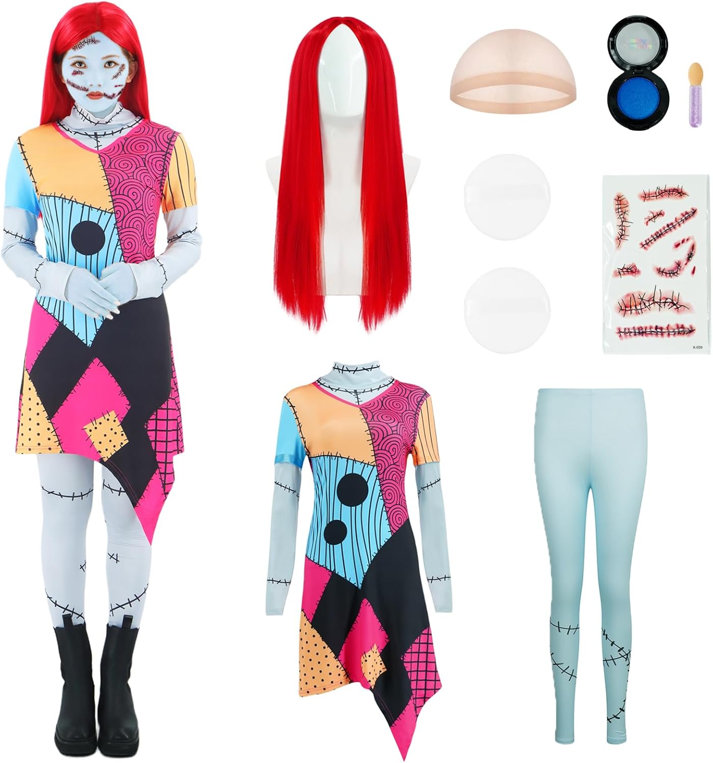 Sally Costume Dress Women Nightmare Halloween Christmas Sally Cosplay with Wig Eyeshadow Palette Sticker