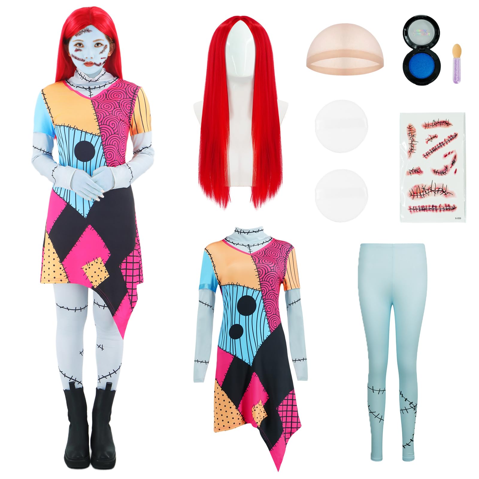 Sally Costume Dress Women Nightmare Halloween Christmas Sally Cosplay with Wig Eyeshadow Palette Sticker
