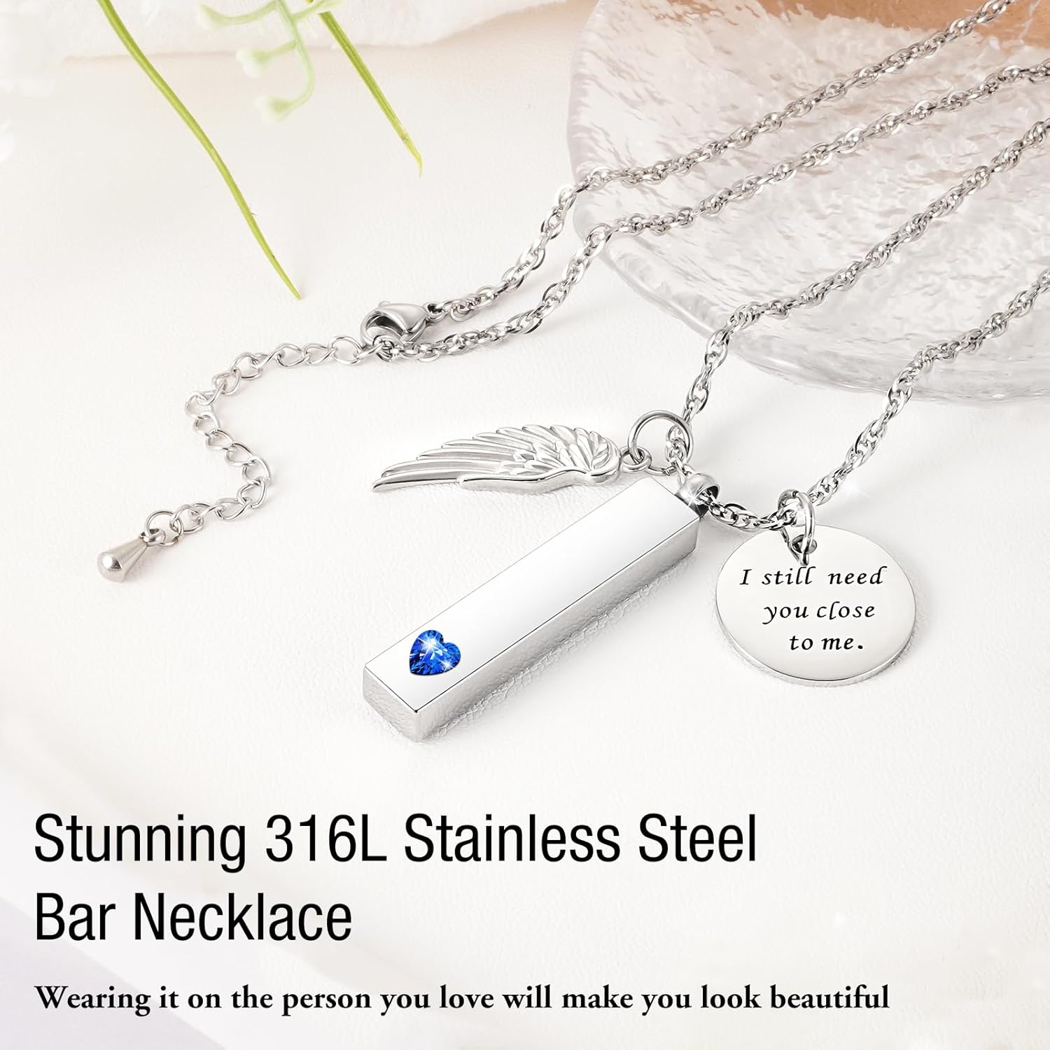 XIUDA Cremation Jewelry for Ashes with Angel Wing Charm Vertical Bar Urn Necklace Stainless Steel Memorial Keepsake Pendant for Women - Image 3