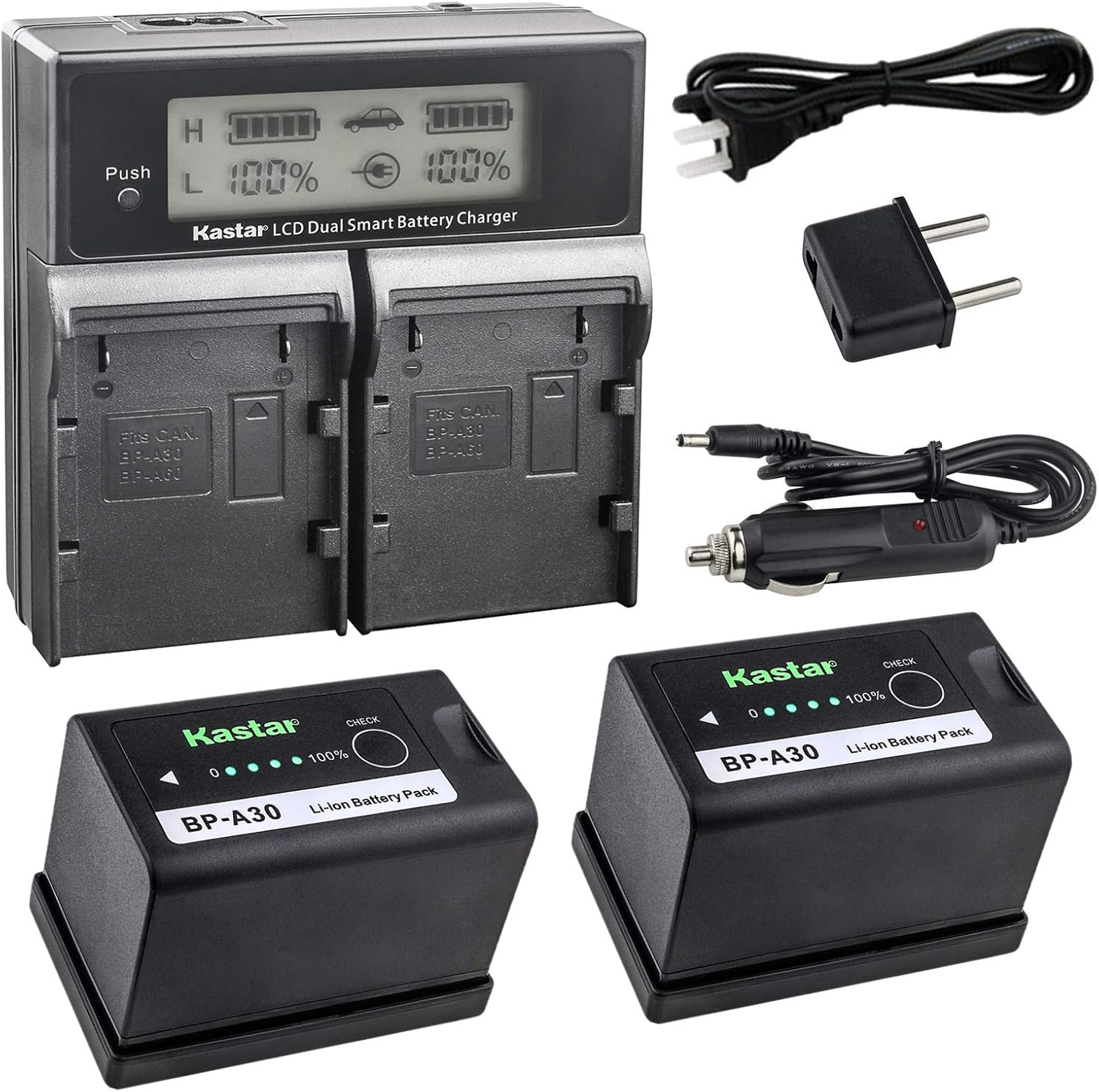 Kastar 2x BP-A30 Fully Decoded Battery + LCD Fast Charger for Canon BP-A60 BP-A90 Battery, CG-A10 CG-A20 Charger, Canon EOS C200, C200B, EOS C220B, XF705 4K UHD, EOS C300 Mark II III, EOS C500 Mark II