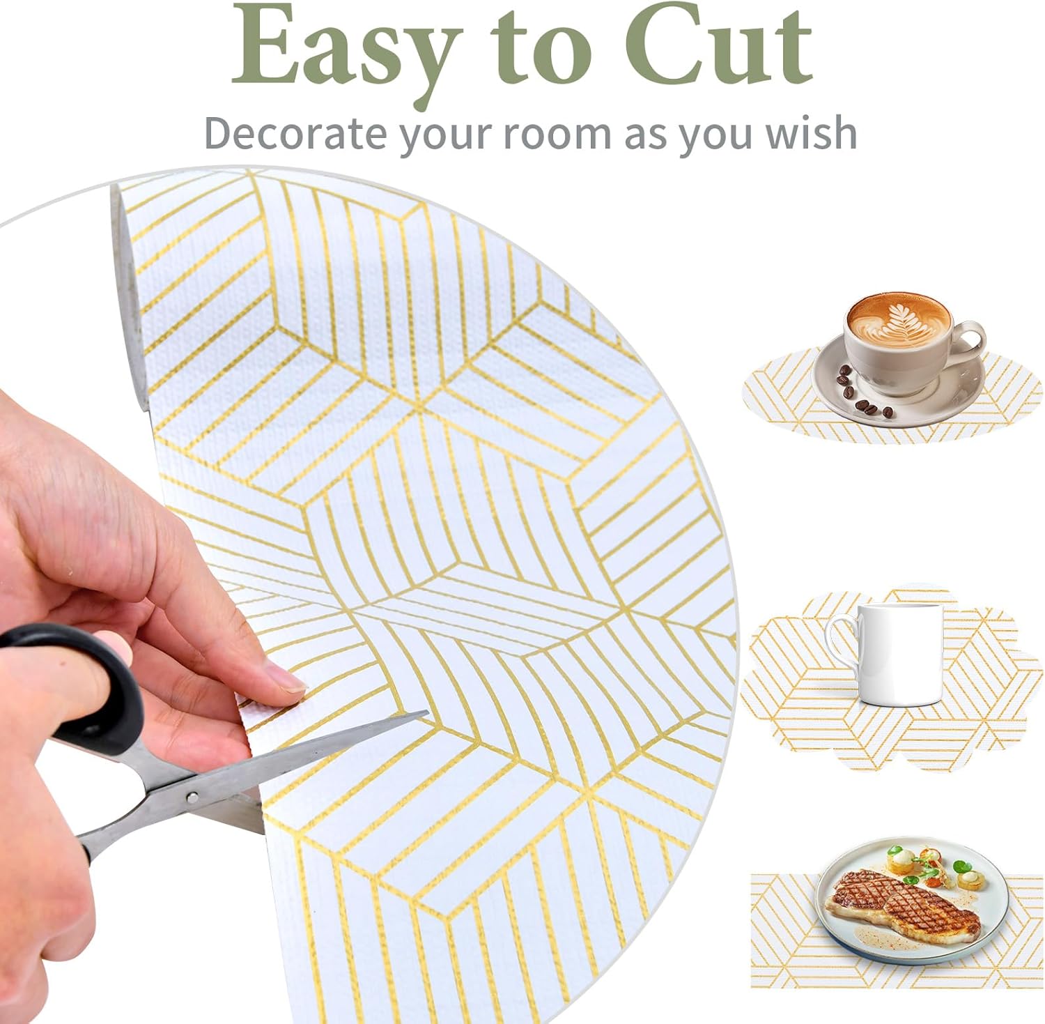 Shelf Liners for Kitchen Cabinets 12in x 20FT, Non Adhesive Cabinet Liner Strong Non-Slip Thickened Gold Geometric Drawer Liner, Easy to Clean for Shelf, Cabinet with Knife and Tape Measure