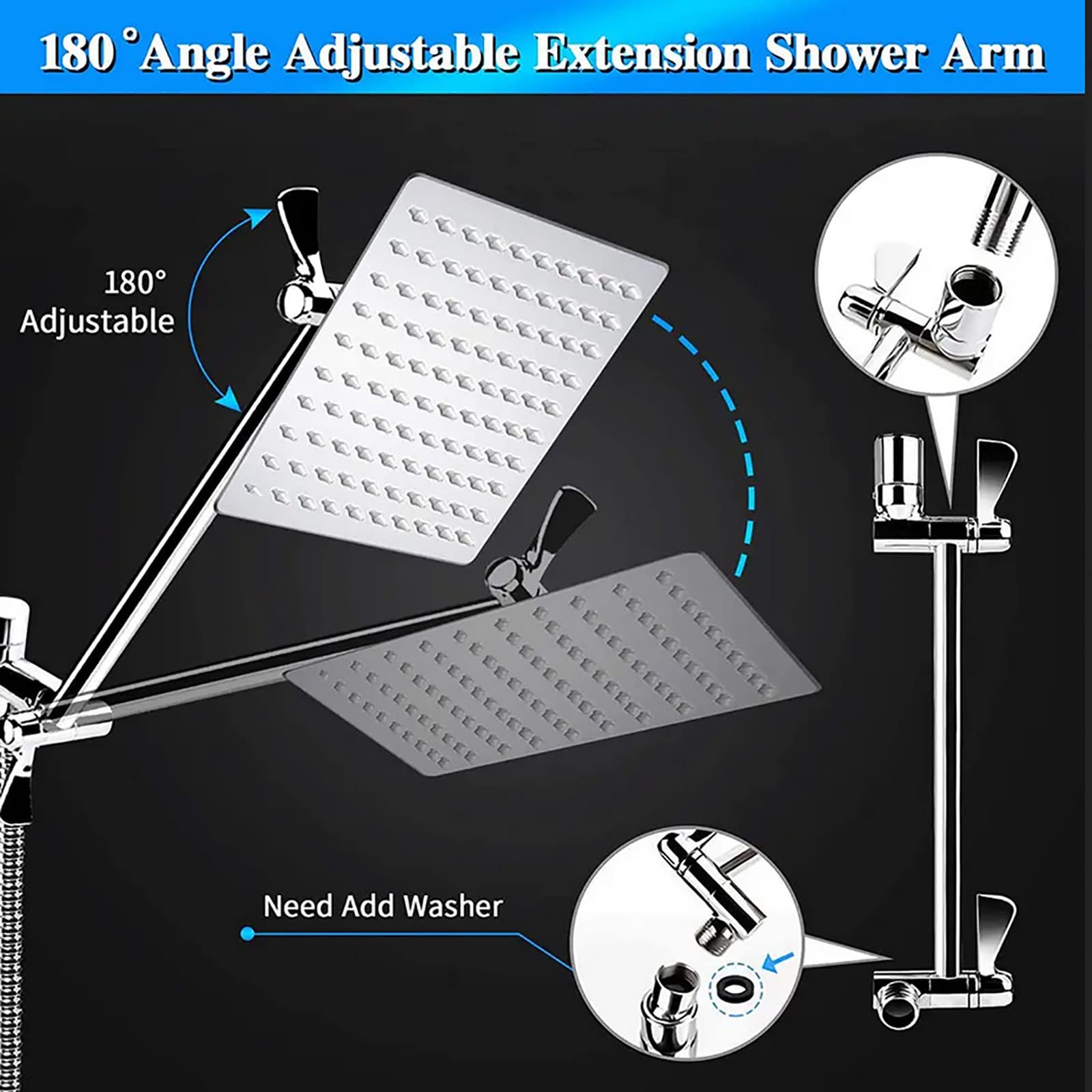 Billg Cabezal de Ducha Lluvia Cabezal de Ducha de Alta presión de 8" con Ducha de Mano de 9 Funciones con Brazo de extensión y Manguera de 11",Apto para baño y Hotel.