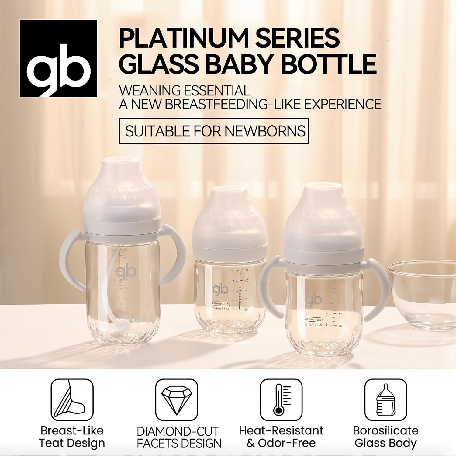 gb Platinum Series Glass Baby Bottle 9oz 260ml BPA-Free, Anti-Colic, Silicone Pacifier, Wide Neck, Heat-Resistant Borosilicate Glass, for 6+ Months, L-Size Pacifier, Leak-Proof, Easy to Clean