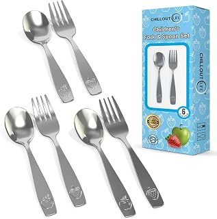 CHILLOUTLIFE Stainless Steel Kids Silverware Set, 6pc Toddler Safe Flatware - 3 Forks & 3 Spoons, Rounded Tines, Fruit Designs, Dishwasher Safe