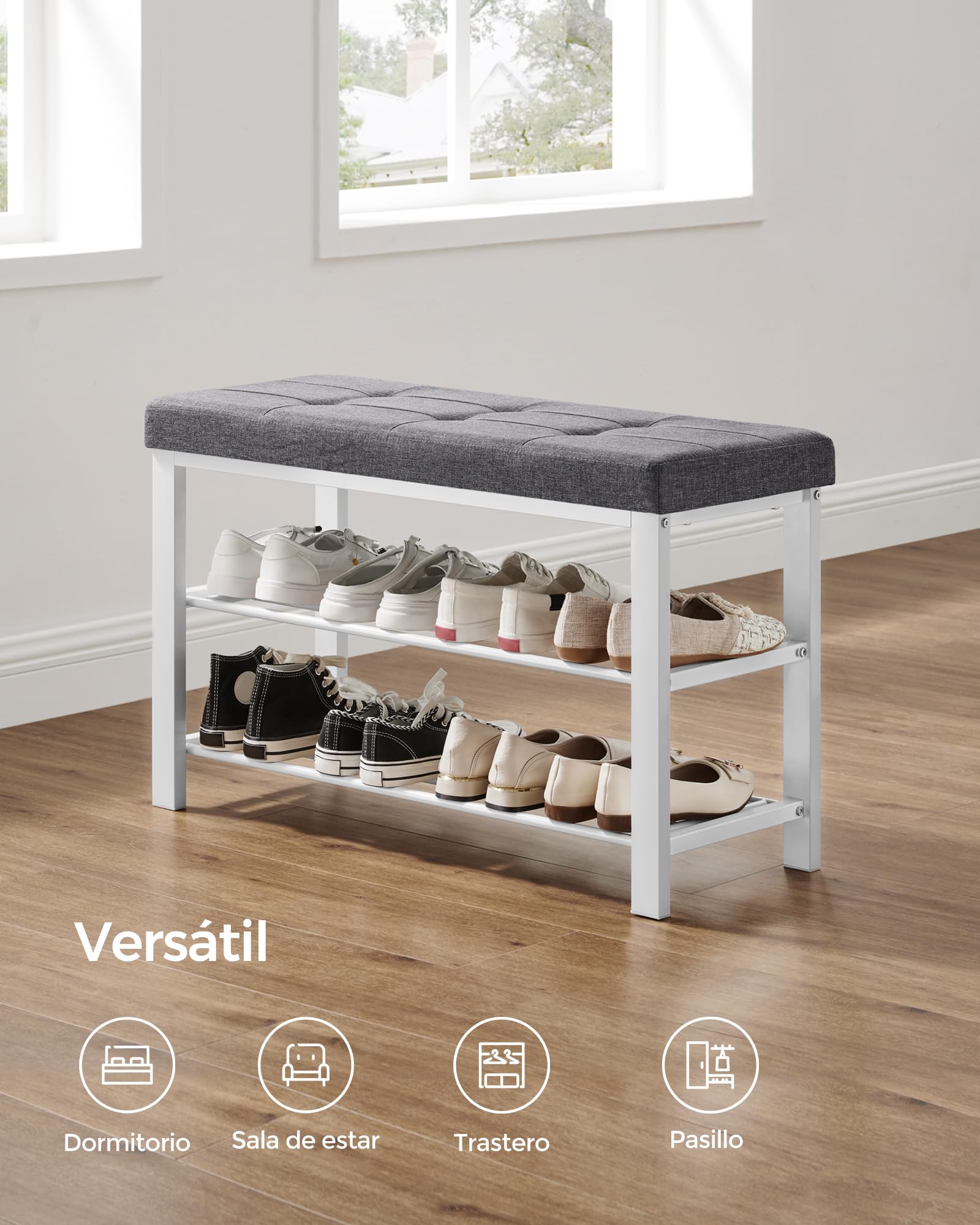 SONGMICS Banco Zapatero, Zapatero de 3 Niveles, Organizador Zapatos con Asiento Acolchado de Espuma, Lino, Marco de Metal, para Sala de Estar, Pasillo, 31 x 81 x 49 cm, Blanco y Gris LBS057W03