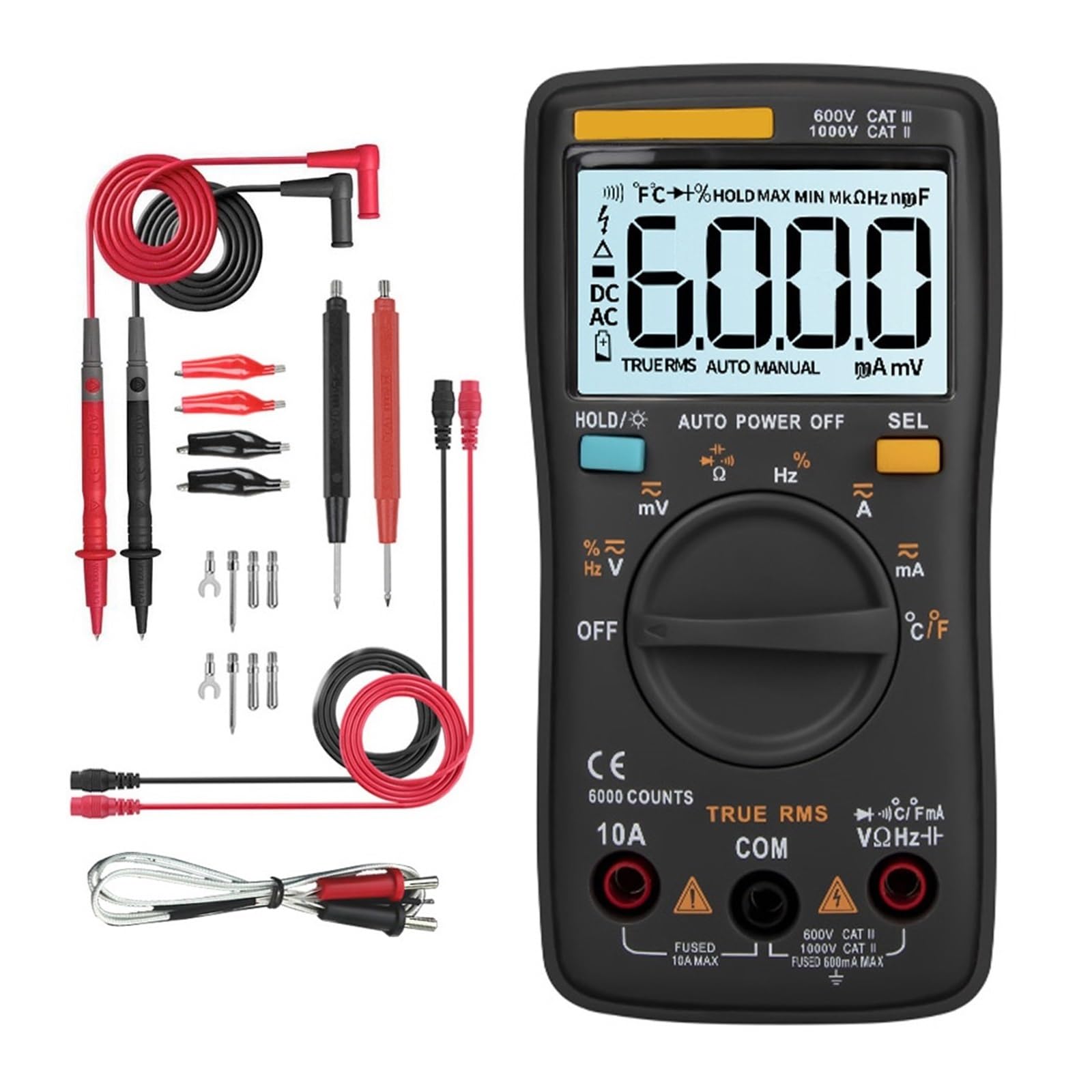 Multímetro Digital 6000 Cuenta AV/DC Amperímetro Voltaje Prueba Transistor Capacitor Tester Lcr Meter Testers Análisis Detección Preciso Exhaustivo(Black pro)