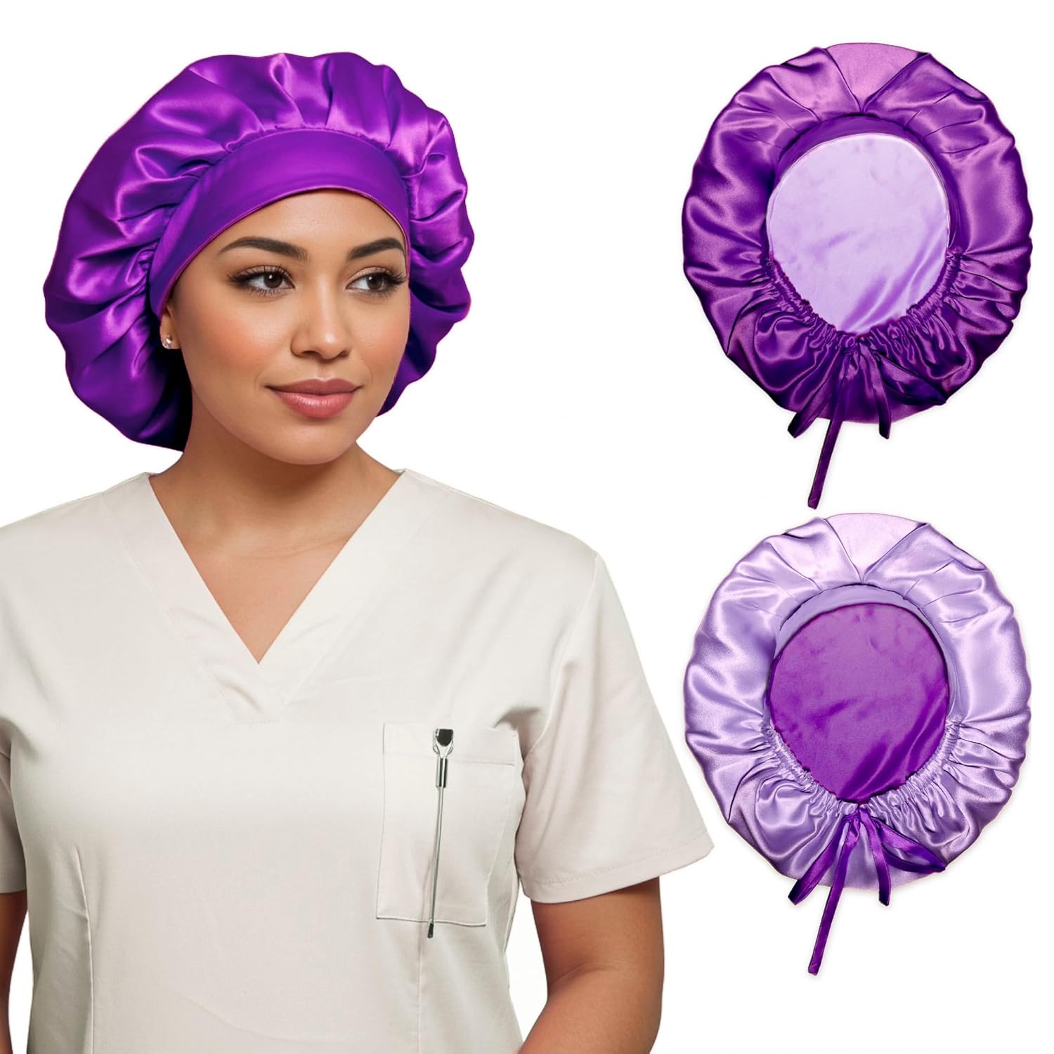 NOCHKA 100% Mulberry Silk Medical Bonnet – 19 Momme Double-Layer Reversible Nurse Hair Cap, Adjustable Stay-On Sleep Bonnet for Women, Long Curly Natural Hair Care – Handmade in USA (Purple)