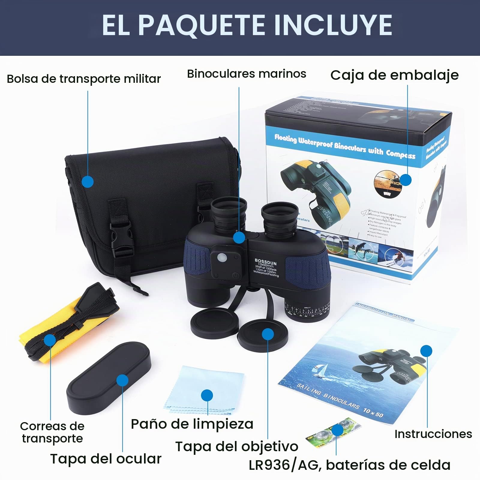 10X50 Prismáticos Marinos para Adultos Impermeable con Brújula Brújula BAK4 a Prueba de Niebla Prism Lens Binoculares Militar para Navegación Navegación Observación de Aves y Caza (LP02L)