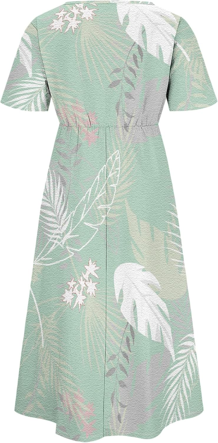 Womens Maxi Dresses Floral Print Half Sleeves Casual Crew Neck Plus Size Beach Dress with Pockets for 2025 Summer